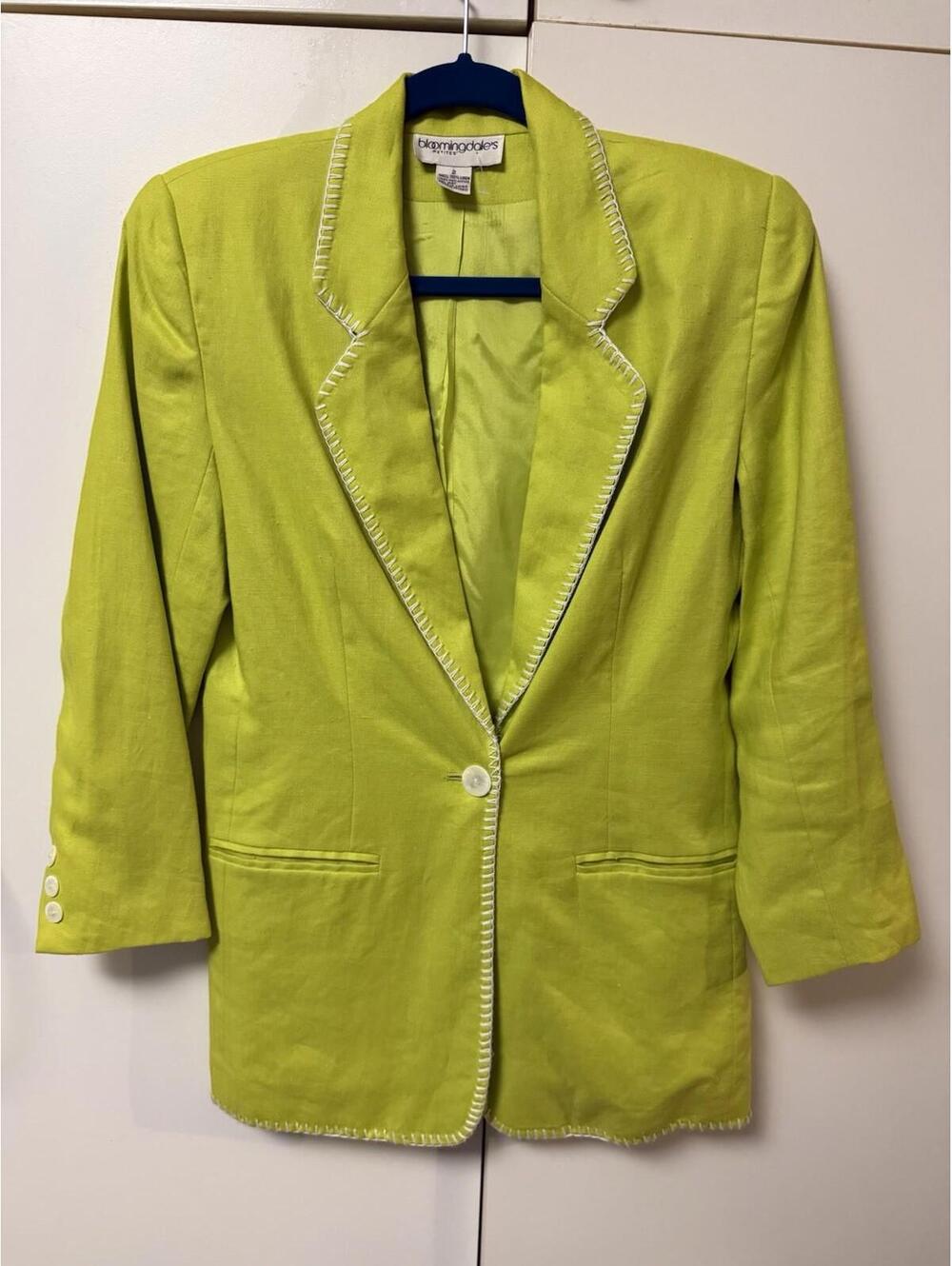 Vintage Bloomingdales Petite Lime Linen Blazer Sz 2P office y2k preppy halloween